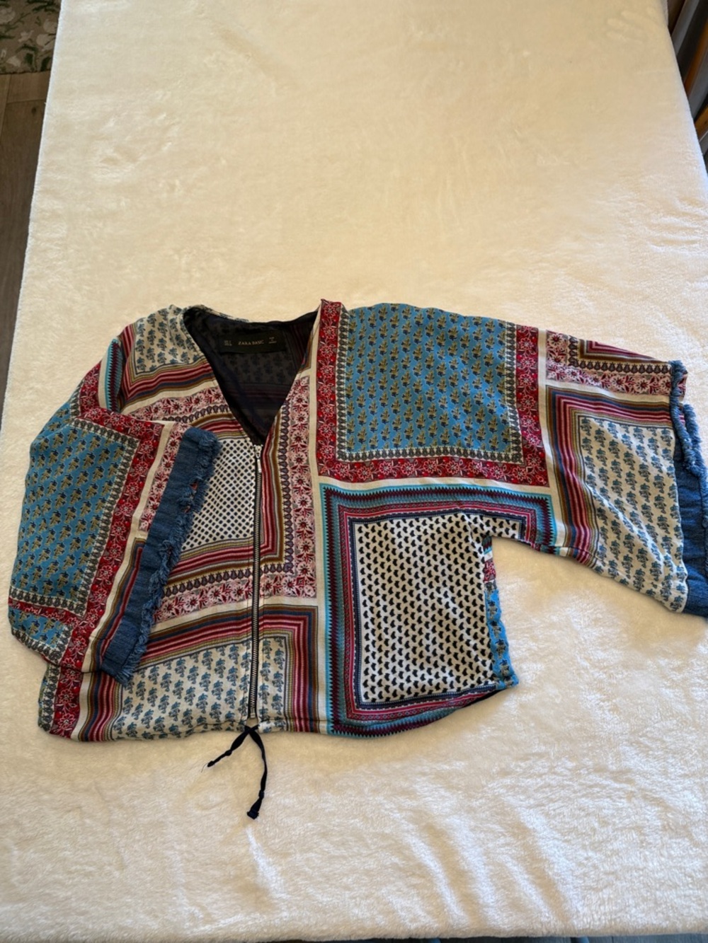 Zara Multicolor Patchwork Puffer Jacket - with Kimono sleeves Blue, Red, Cream